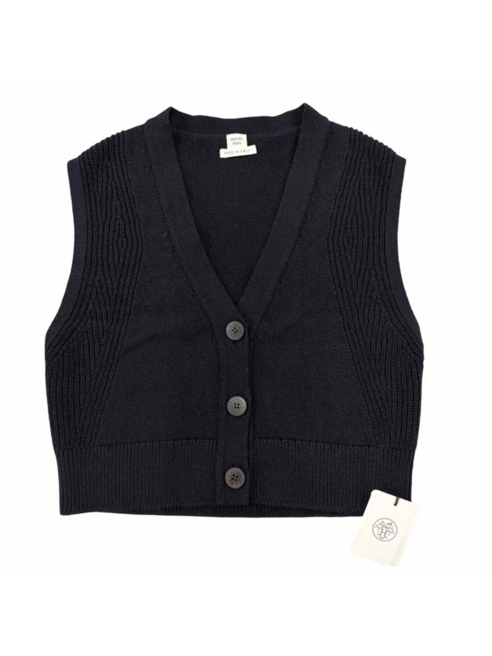 Hermes Cashmere 100% Sellier Buttons Knit Vest Navy 36